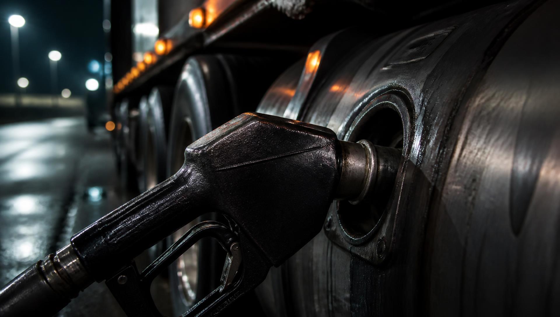 Diesel fuel nozzle inserted into a heavy truck tank at night